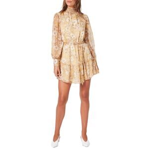Minkpink 'Dacey' Tan Chiffon Blooms Smocked Ruffle Mini Dress Size S